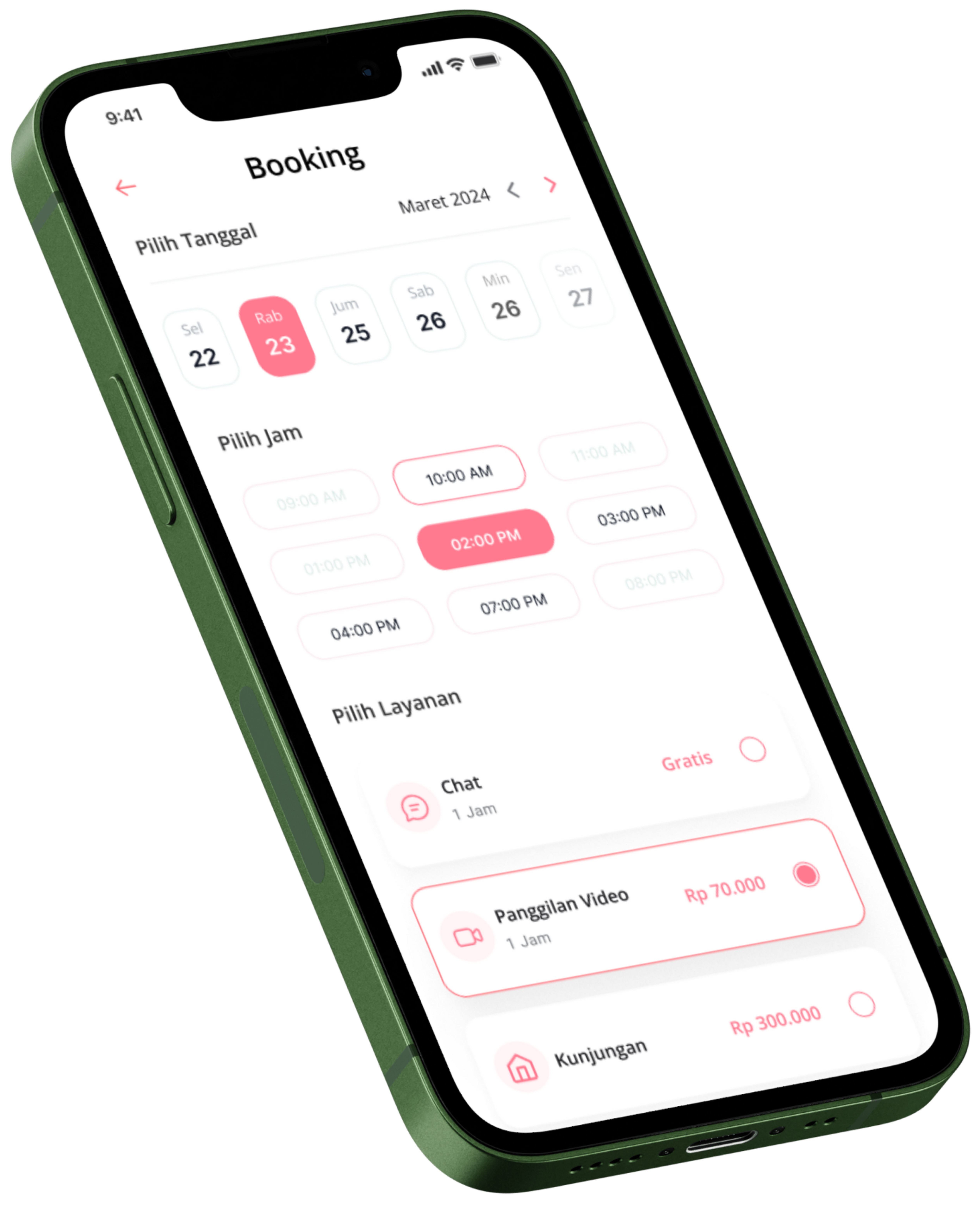 Tampilan layar booking Doula di aplikasi Momsie — pilih tanggal, jam, dan jenis layanan pendampingan